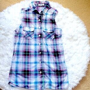 Ali & Kris Sleeveless Pink, Blue and White Plaid Button Down top